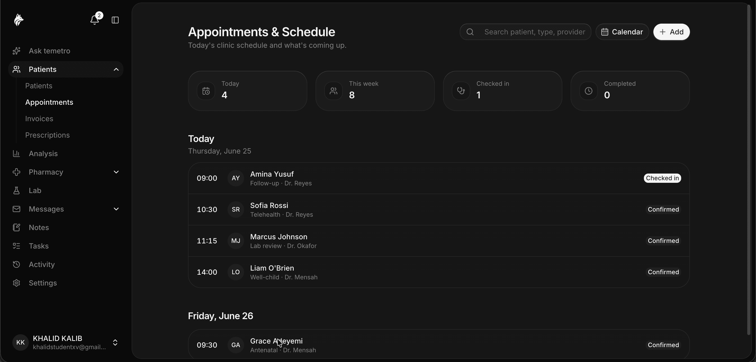 temetro appointments and schedule for the day