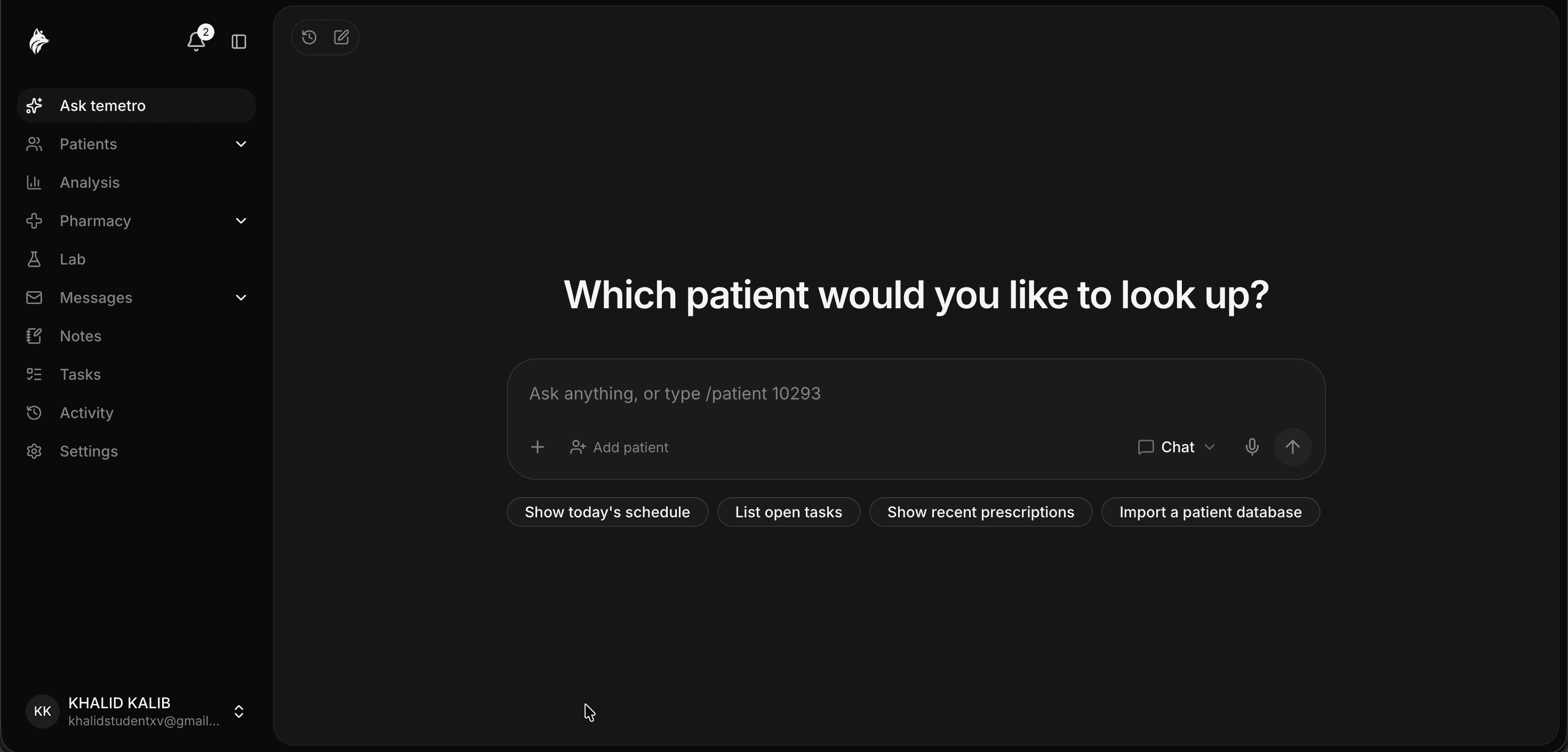temetro AI chat asking which patient to look up