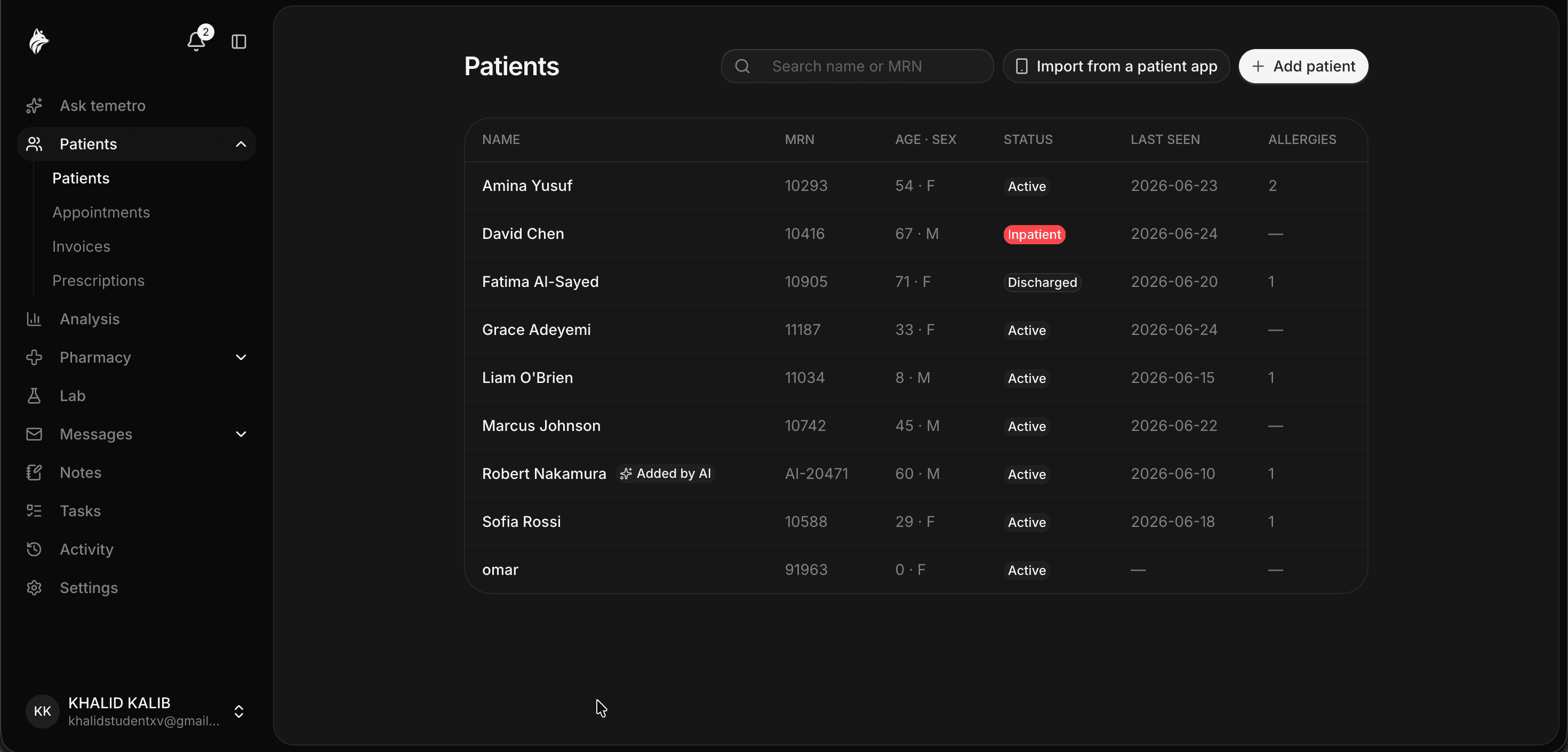 temetro patients list with names, file numbers, and status
